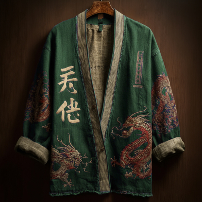 Japanese Art Style Men's Casual Cotton And Linen Cardigan - Grey