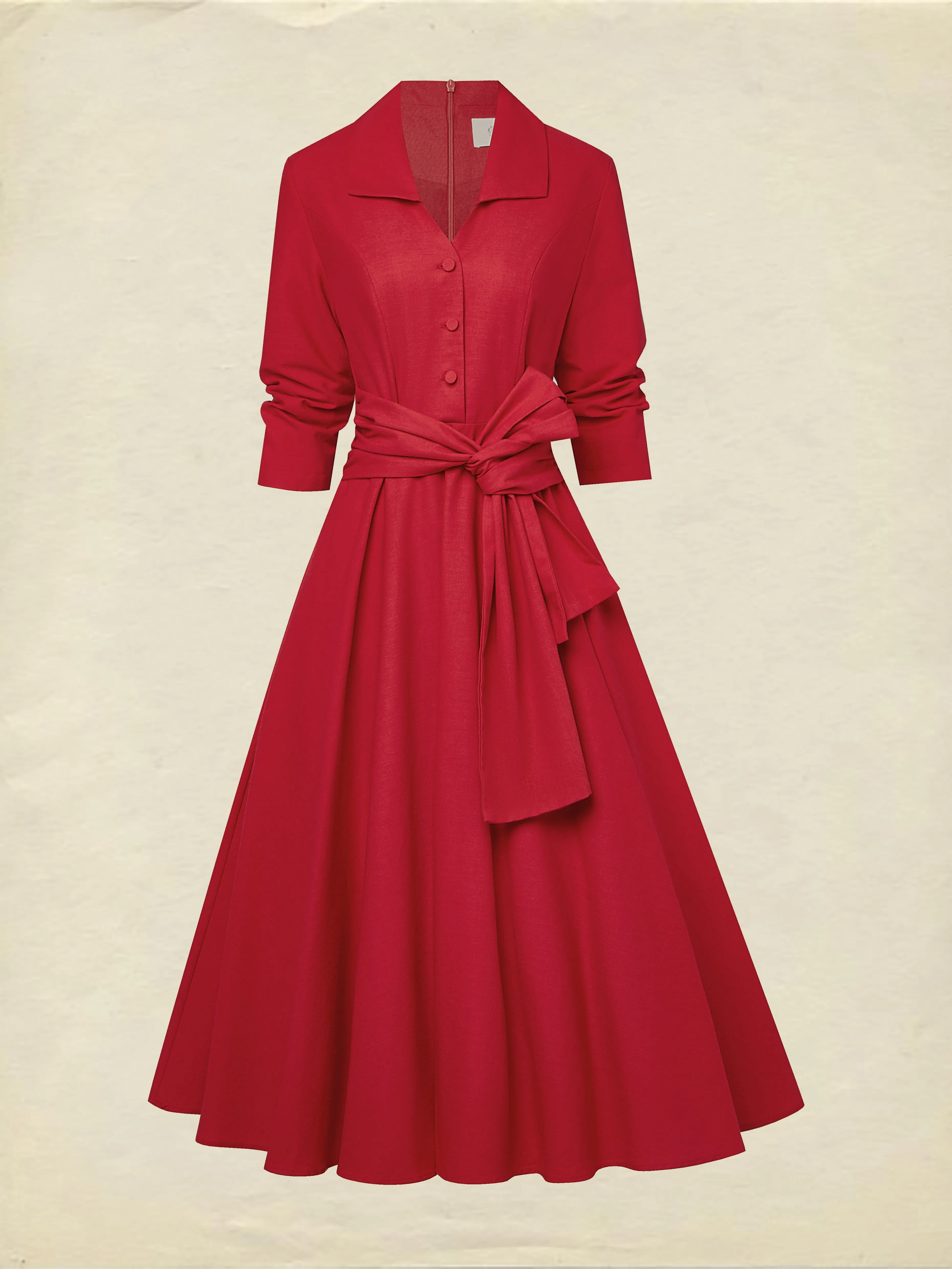 Midi Linen Dress, Half Sleeve, Shawl Collar, Plain, Button Design, French Vintage, Red - Red