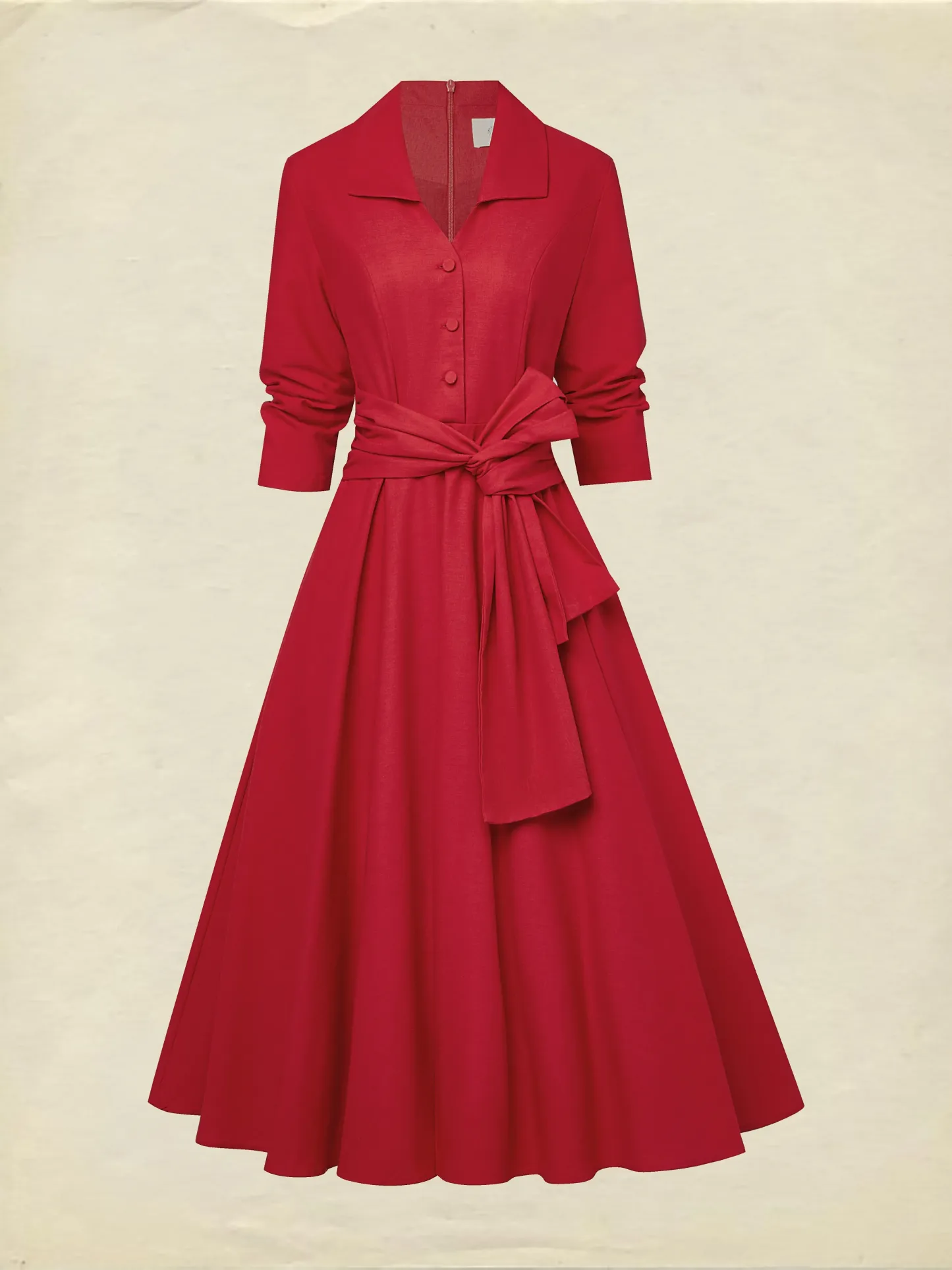 Midi Linen Dress, Half Sleeve, Shawl Collar, Plain, Button Design, French Vintage, Red - Red