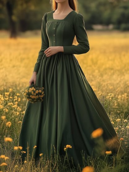 Linen Maxi Dress, Square Neck, Long Sleeves, Victorian Style, Linen Blend, Green - Green