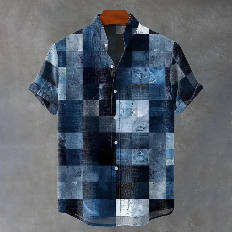 Vintage Geometric Print Casual Cotton Shirt - Blue