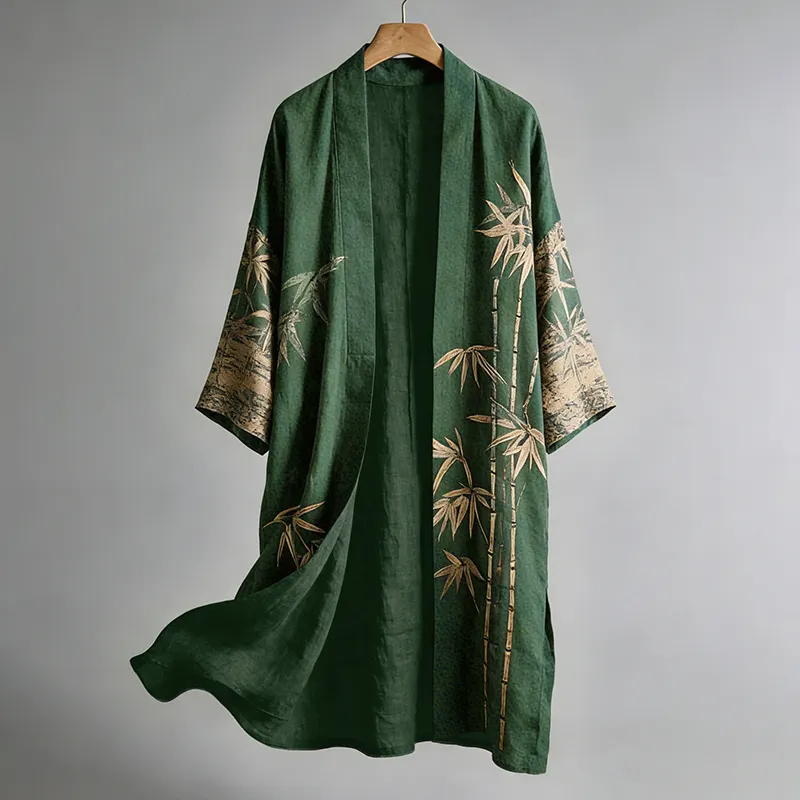 Japanese Bamboo Art Linen Blend Kimono - Green