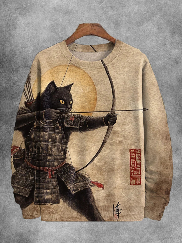 Men's Tribal Warrior Black Cat Archer Print Casual Sweatshirt - Khaki
