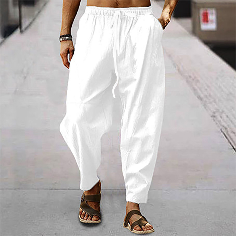 Men's Vintage Drawstring Casual Cotton Linen Pants - Black