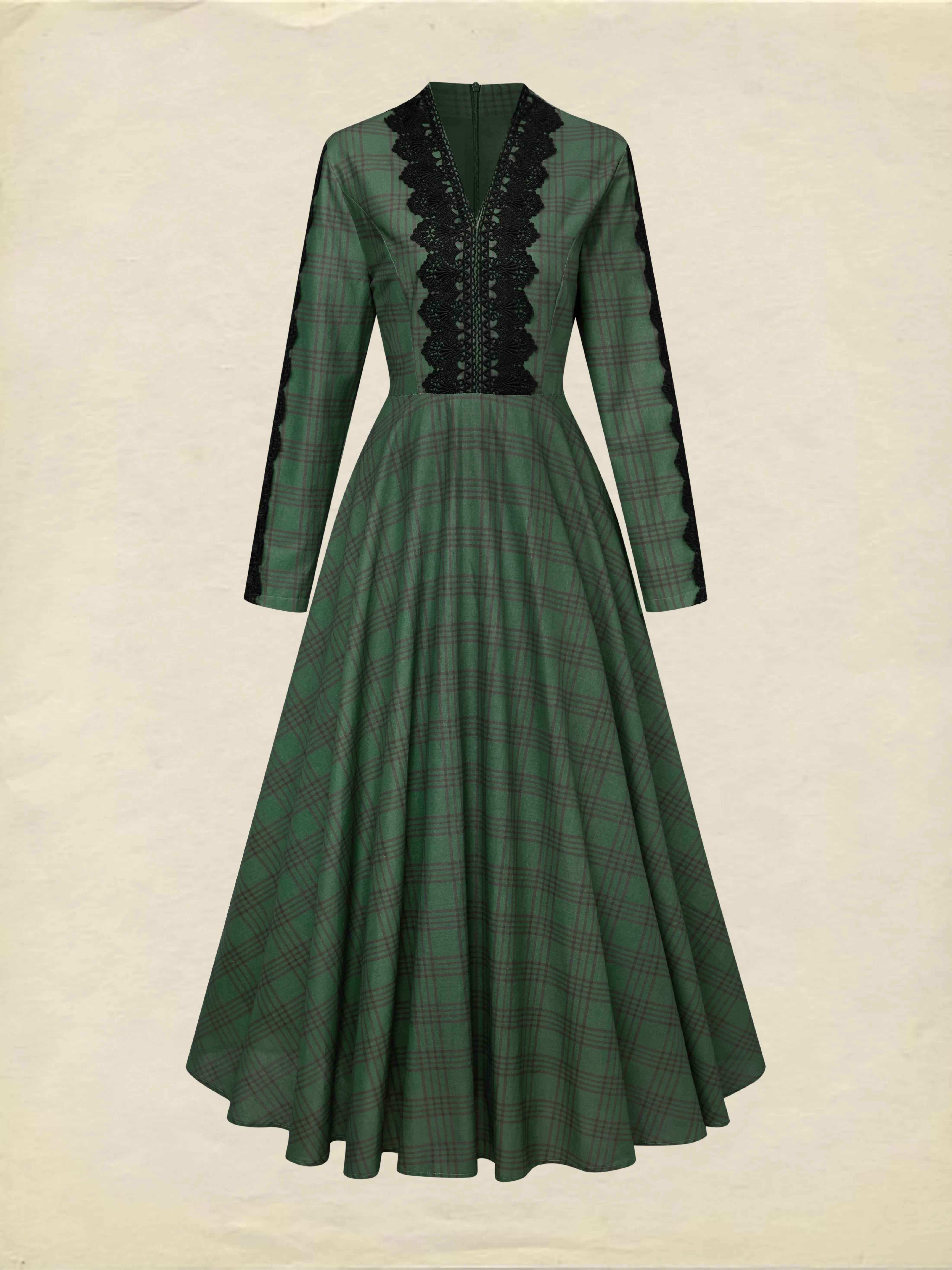 Maxi Linen Dress, Long Sleeves, V Neck, Plaid, Lace, Vintage, Deep Green - Deep Green