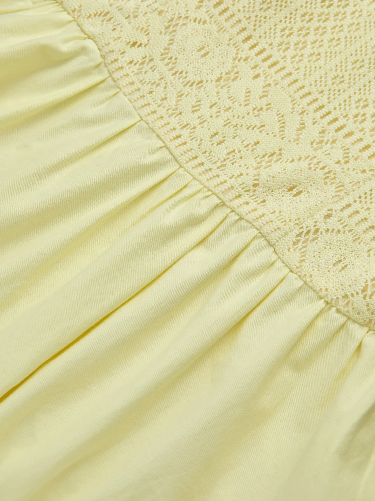Midi Cotton Dress, Sleeveless, Round Neck, Plain, Lace, French Vintage, Light Yellow - Light Yellow