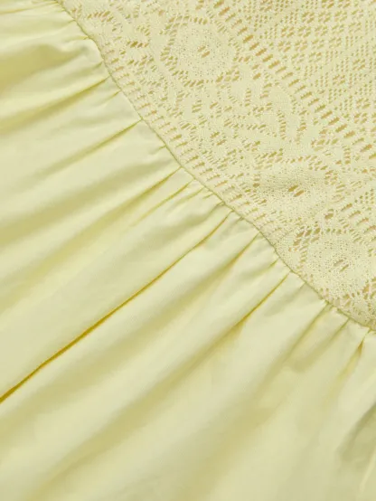 Midi Cotton Dress, Sleeveless, Round Neck, Plain, Lace, French Vintage, Light Yellow - Light Yellow