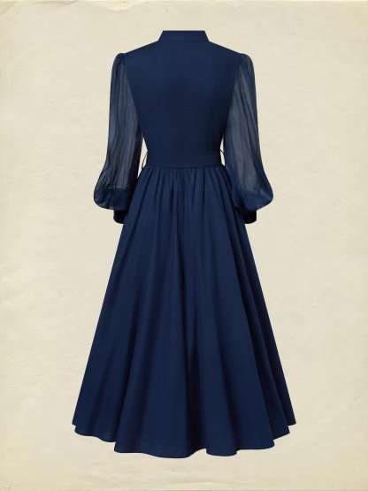 Maxi Cotton Dress, Long Sleeves, Stand Collar, Plain, Belt Design, French Vintage, Blue Purple - Blue Purple