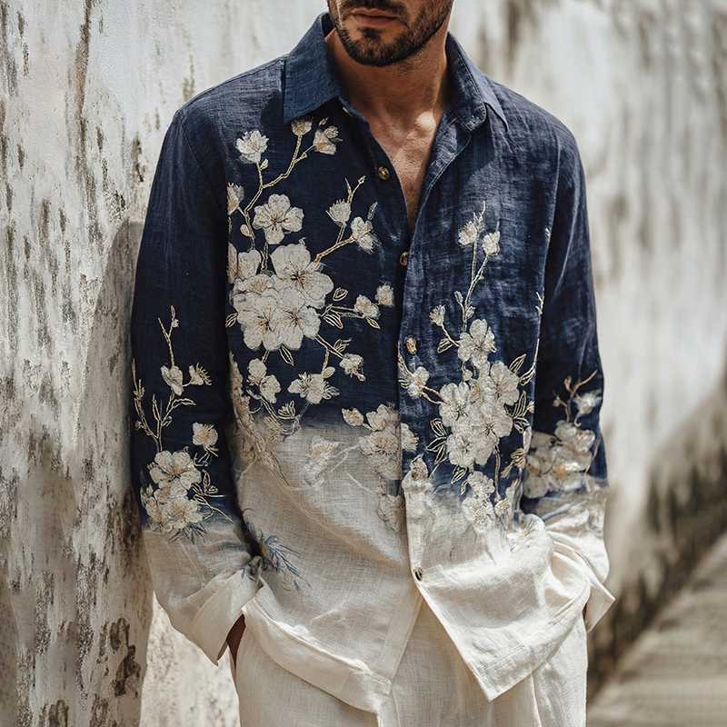 Men's Japanese-style White Almond Blossom Gradient Art Casual Linen Shirt - Blue white