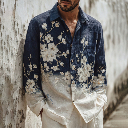 Men's Japanese-style White Almond Blossom Gradient Art Casual Linen Shirt - Blue white