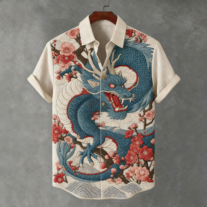Men's Japanese-style Linen Short-sleeved Shirt With Dragon And Floral Patterns - Beige