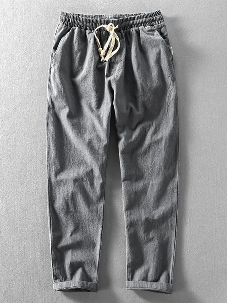 Men's Vintage Japanese Loose Pocket Cotton Linen Casual Pants - Black