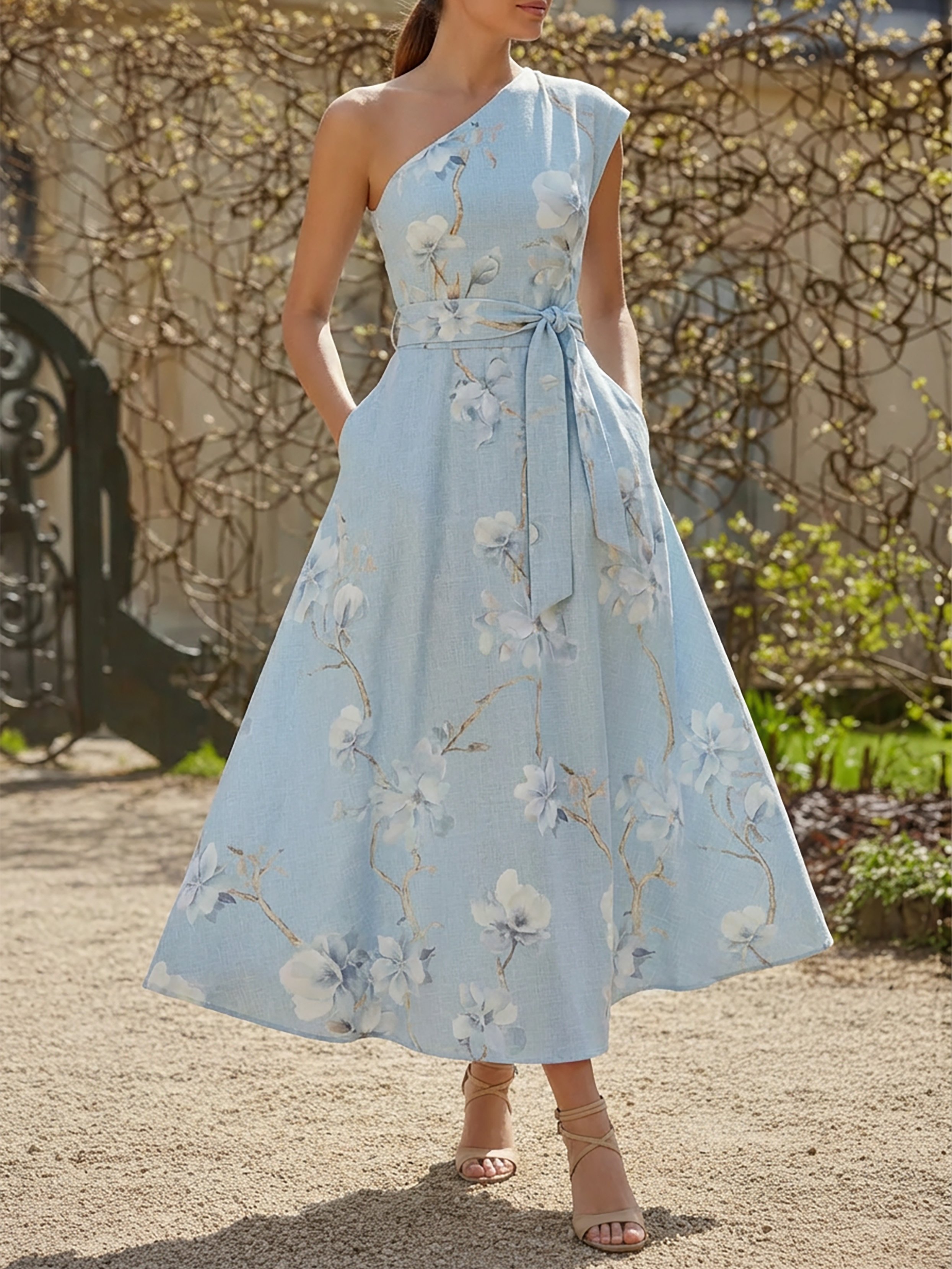 Maxi Linen Dress, Sleeveless, One Shoulder, Floral, Belt Design, Vacation, Vintage, Blue - Blue