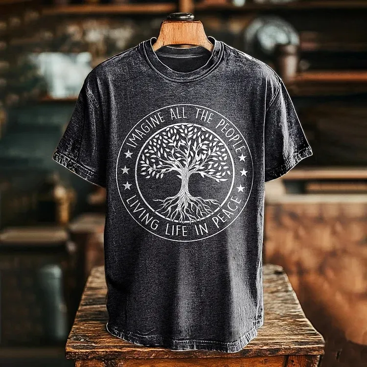 Imagine Peaceful Living For All Graphic Art Print T-shirt - Black