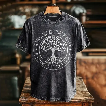 Imagine Peaceful Living For All Graphic Art Print T-shirt - Black