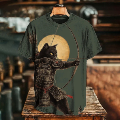 Men's Shooting Arrows Black Cat Art Print Casual T-shirt - White