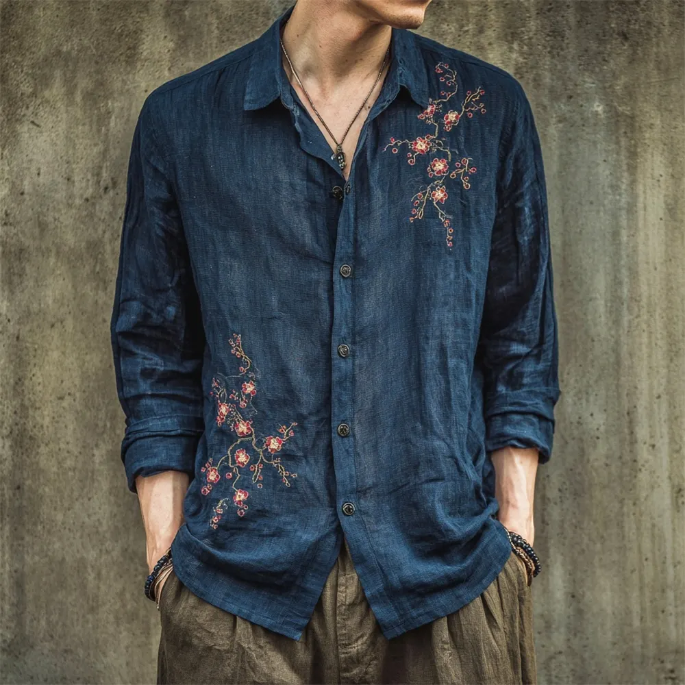Vintage Japanese Plum Flower Embroidery Men's Linen Long Sleeve Shirt - Navy blue