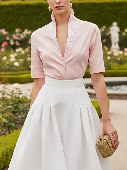 Linen Shirt, Short Sleeves, V Neck, Plain, Lace, Vacation, Vintage, Light Pink - Light Pink
