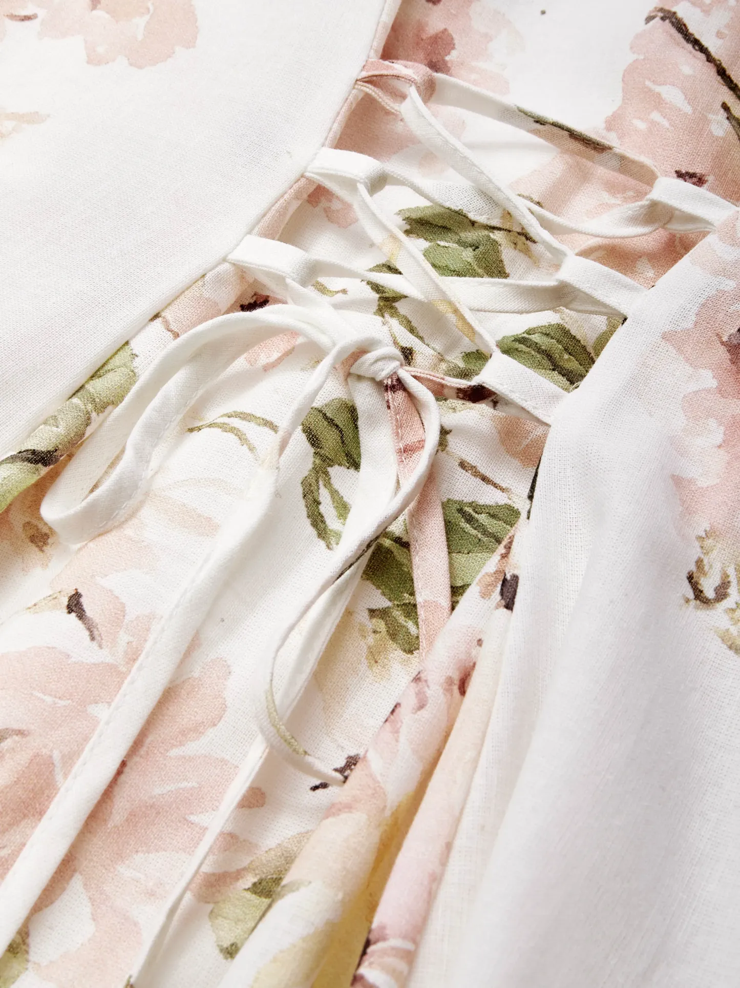 Linen Maxi Dress, Balloon Sleeve, Shawl Collar, Floral, Vintage, White - White