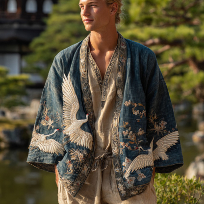 Japanese Cranes With Floral Art Linen Blend Kimono Cardigan - Lake blue