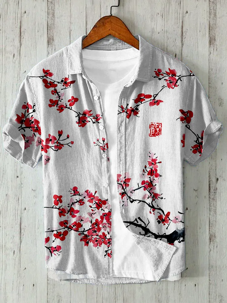 Japanese Cherry Blossom Art Linen Blend Cozy Shirt - White