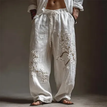 Men's White Almond Blossom Flowy Wide Leg Linen Pants - White