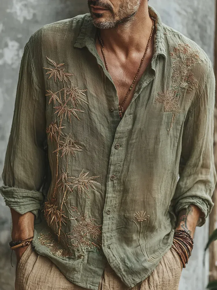 Men's Vintage Japanese Bamboo Embroidery Art Linen Blend Shirt - Army Green