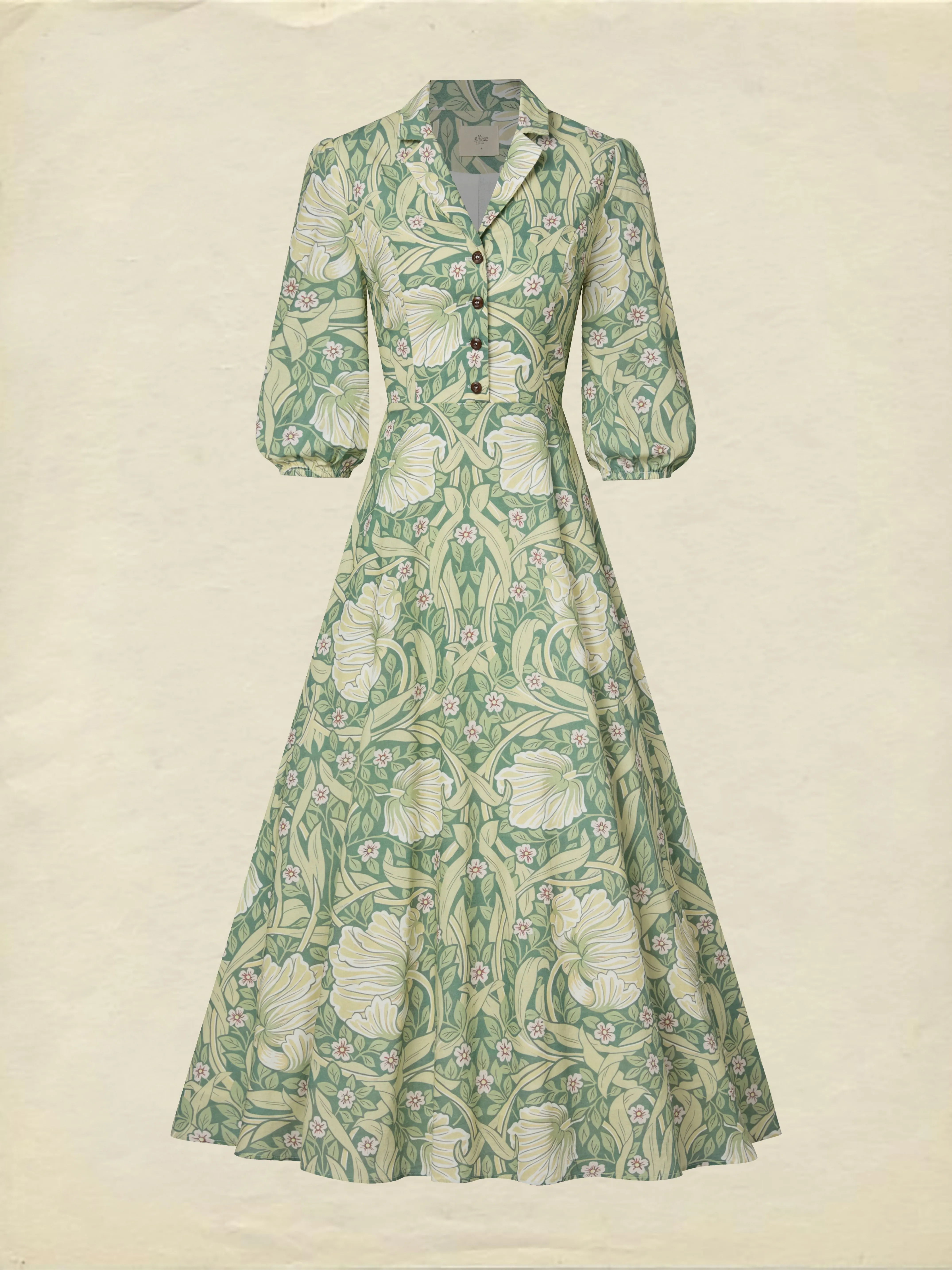Maxi Linen Dress, Half Sleeve, Lapel Collar, Paisley, Button Design, Vacation, Vintage, Green - Green