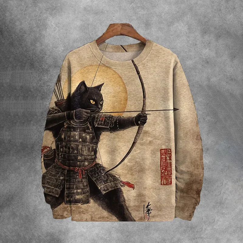 Men's Tribal Warrior Black Cat Archer Print Casual Sweatshirt - Khaki