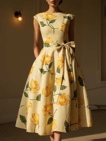 Midi Linen Dress, Cap Sleeves, Round Neck, Floral, Bow, Vintage, Yellow - Yellow