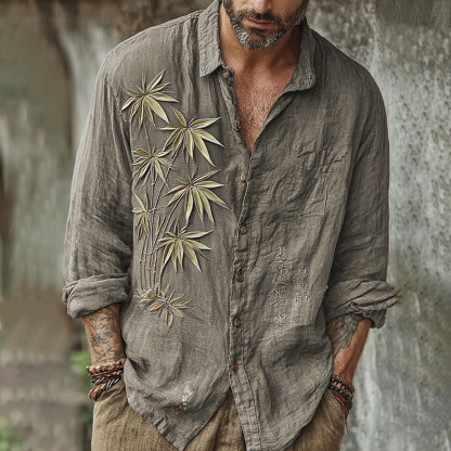 Men's Vintage Japanese Bamboo Embroidery Art Long Sleeve Linen Blend Shirt - Grey