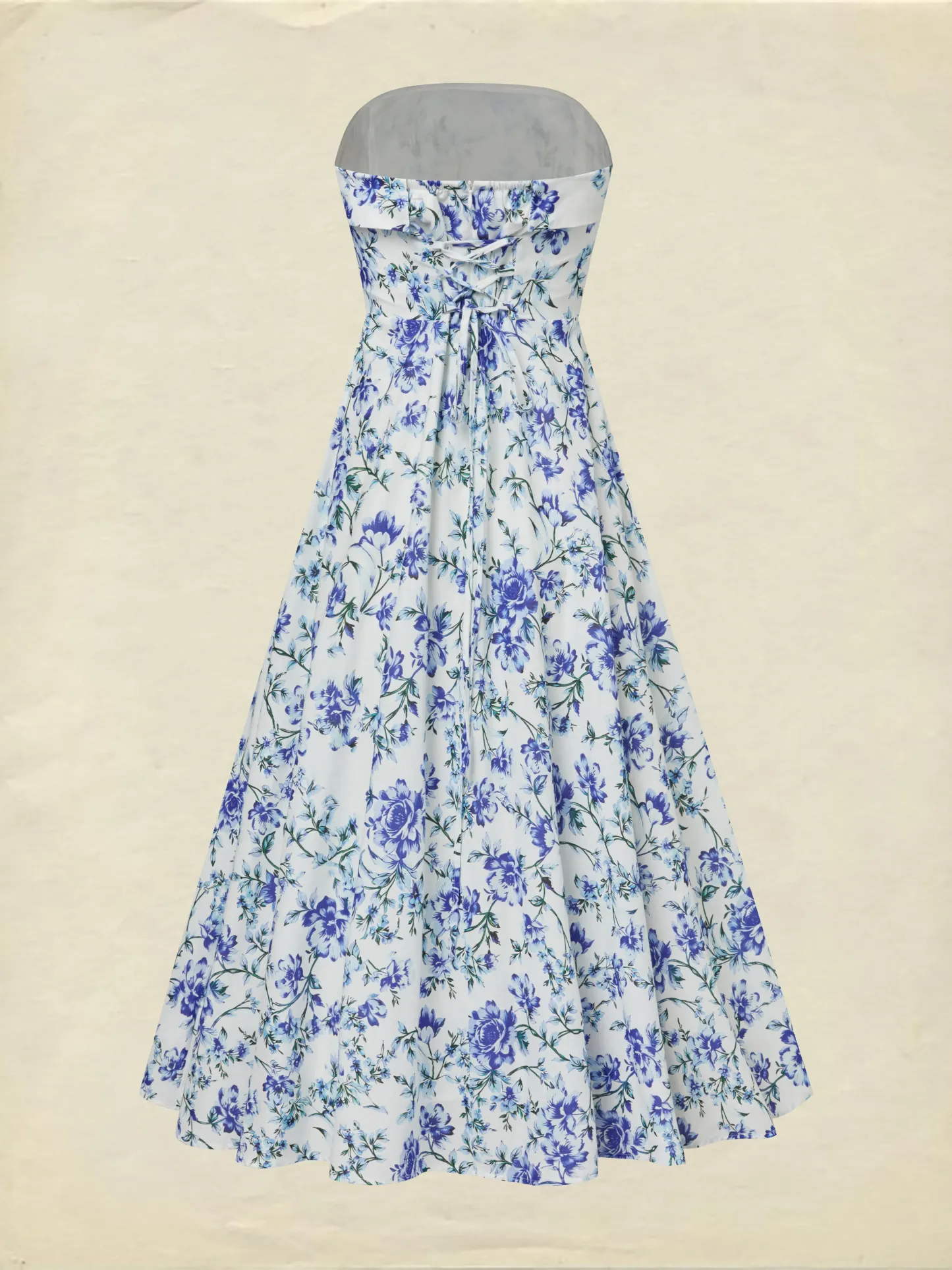Maxi Cotton Dress, Sleeveless, Strapless, Floral, Vacation, Vintage, Blue - Blue