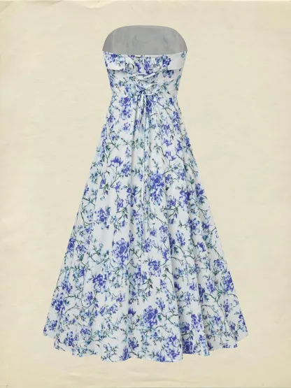 Maxi Cotton Dress, Sleeveless, Strapless, Floral, Vacation, Vintage, Blue - Blue