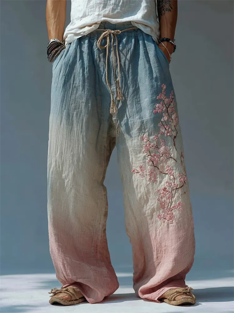 Men's Vintage Japanese Cherry Blossom Gradient Linen Pants - Blue pink
