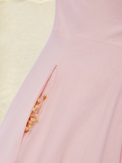 Maxi Cotton Dress Set, Half Sleeve, Round Neck, Floral, Pocket Design, French Vintage, Light Pink - Light Pink