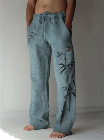 Simple Bamboo Japanese Art Linen Blend Casual Pants - Blue