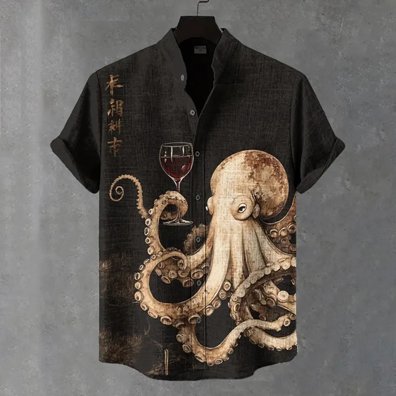 Men's Octopus Drinking Red Wine Art Print Casual Shirt - Black