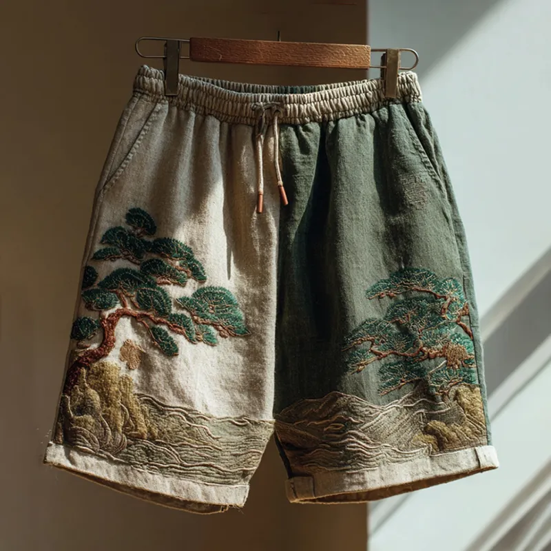 Japanese Pine Tree & Sea Waves Embroidered Art Linen Blend Casual Shorts - Green khaki