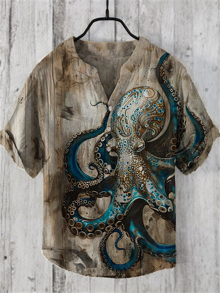 Vintage Octopus Art Print Casual Shirt - Khaki