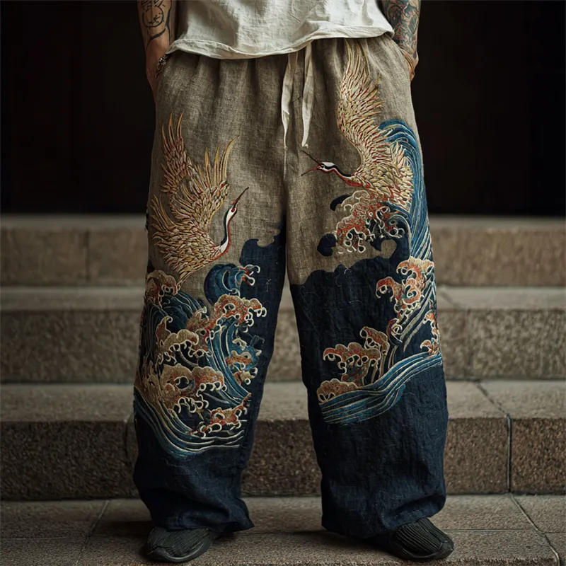 Men's Japanese Cranes Sea Waves Embroidered Linen Pants - Navy blue