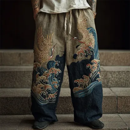 Men's Japanese Cranes Sea Waves Embroidered Linen Pants - Navy blue