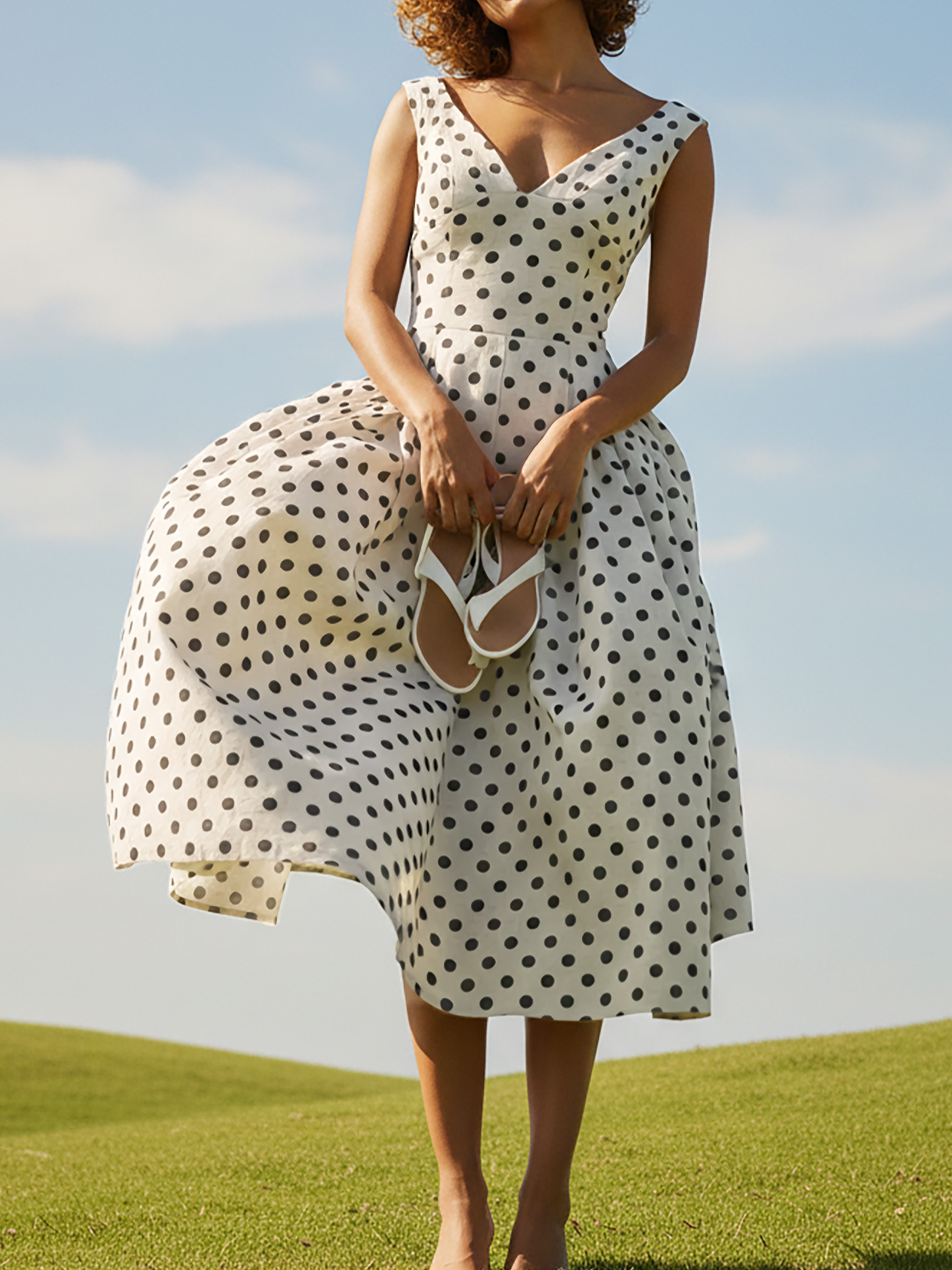 Midi Linen Dress, Sleeveless, V Neck, Polka Dots, French Vintage, White - White