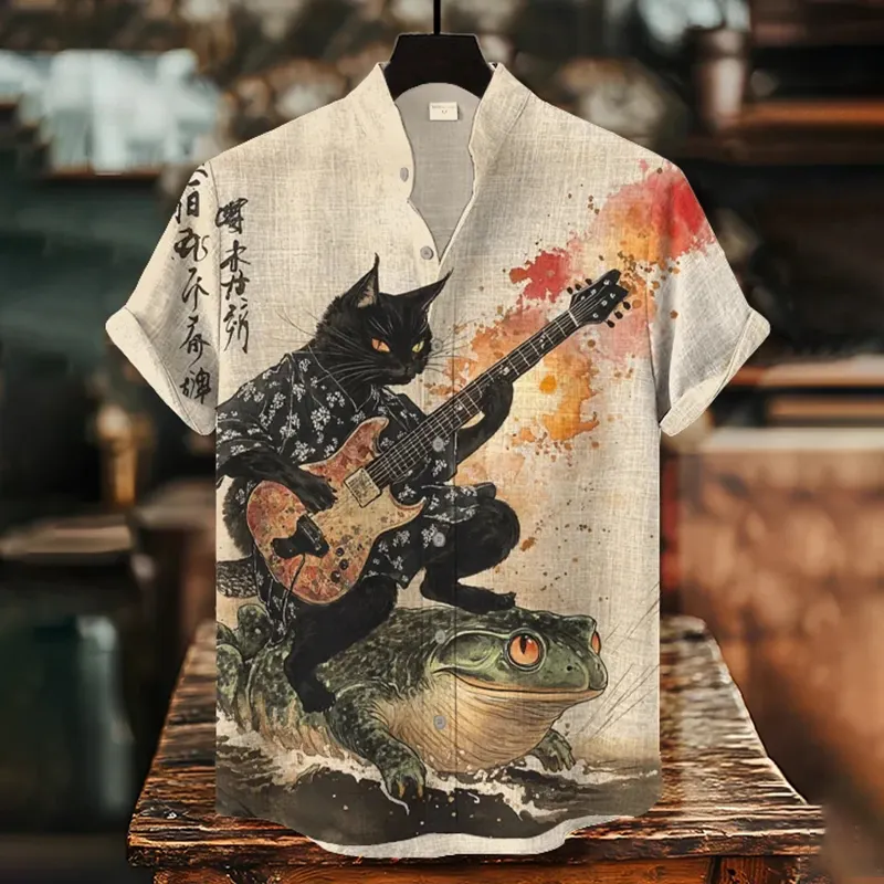 Men's Black Cat Riding On Toad Playing Guitar Print Short Sleeve Shirt - Beige