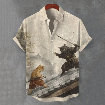 Men's Retro Cat Samurai Japanese Art Casual Short Sleeve Shirts - Beige