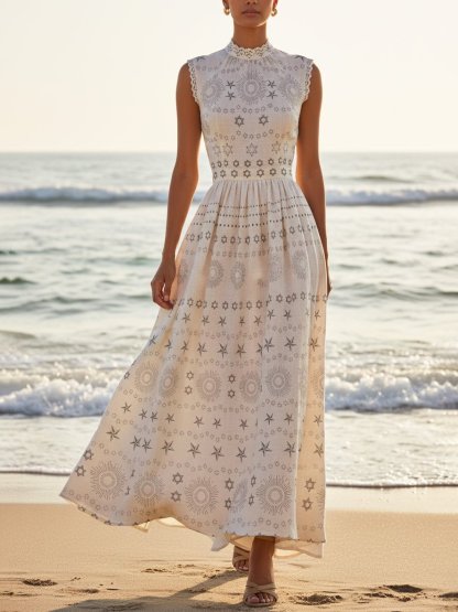 Maxi Linen Dress, Sleeveless, Geometric, Vintage, White - White