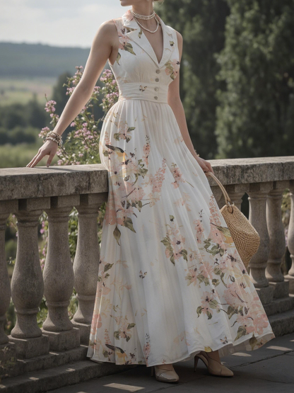 Maxi Linen Dress, Shawl Collar, Button Down, Cottagecore, Sleeveless, Linen Blend, White, plant print - White