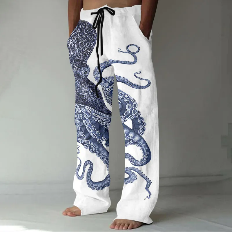 Japanese Art Octopus Graphic Printed Casual Pants - Beige