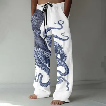 Japanese Art Octopus Graphic Printed Casual Pants - Beige