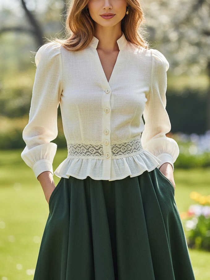 Linen Shirt, Long Sleeves, V Neck, Plain, Lace, Vintage, Ivory - Ivory