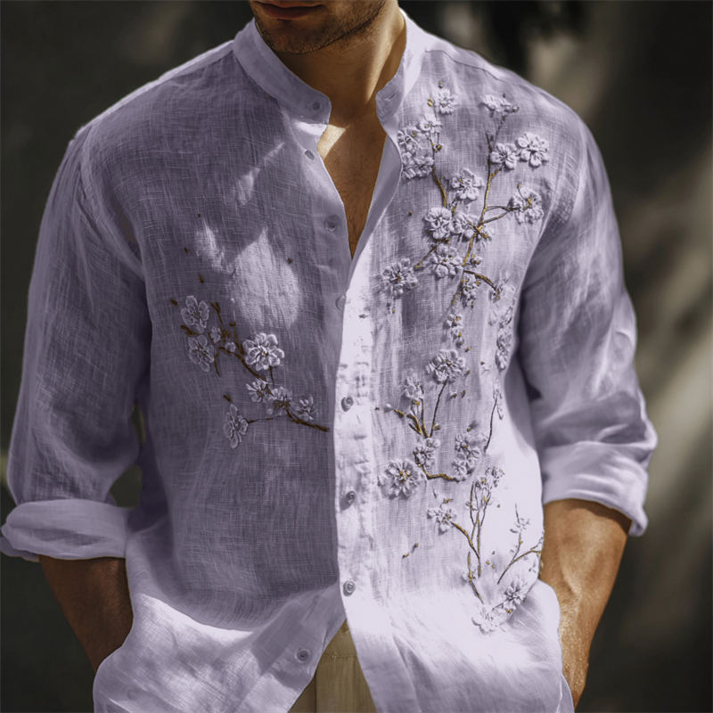 Men's Classy White Almond Blossom Embroidered Linen Shirt - White